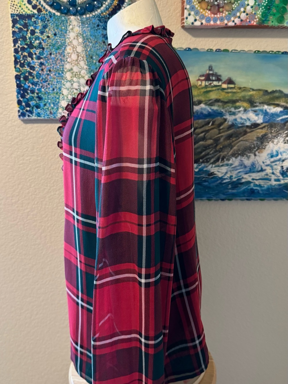 Pendleton Red and Green Plaid Ruffle-Front Blouse - Picture 3 of 6